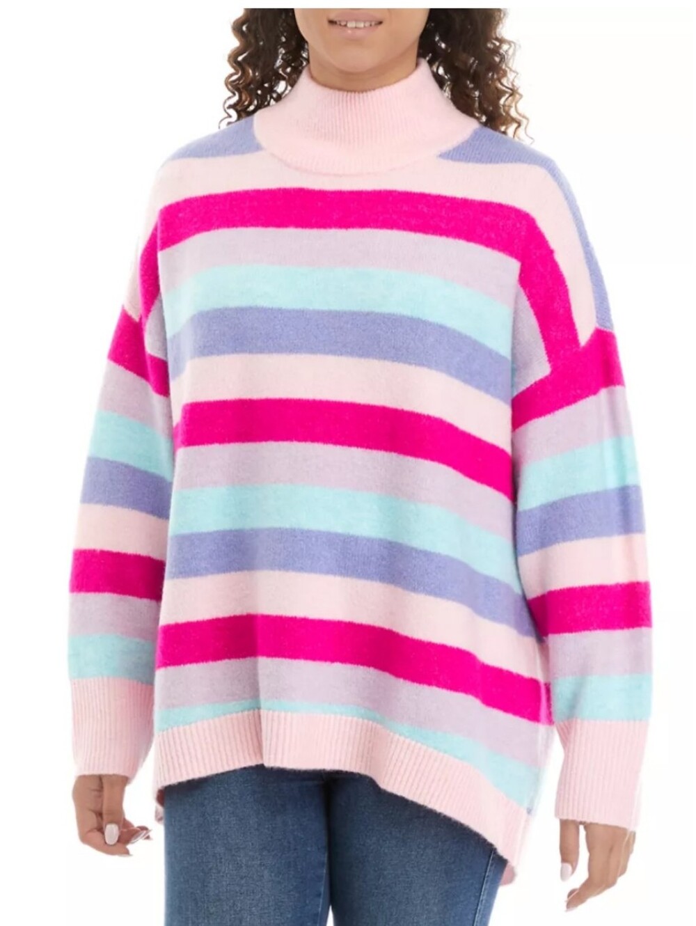 crown & ivy Striped Turtleneck Sweater in Hot Pink, Light Pink, Lavender & Aqua